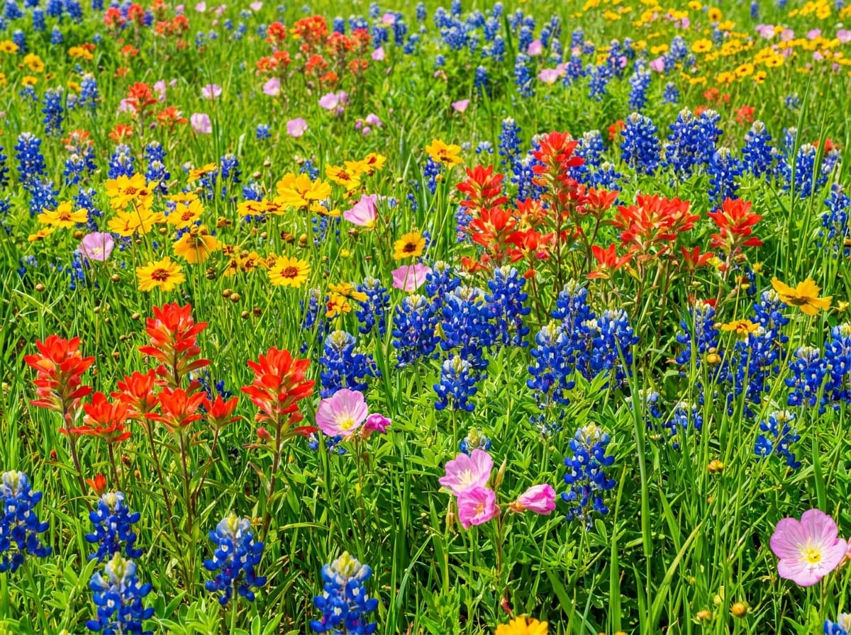 A Texas wildflower meadow in vivid, saturated spring color