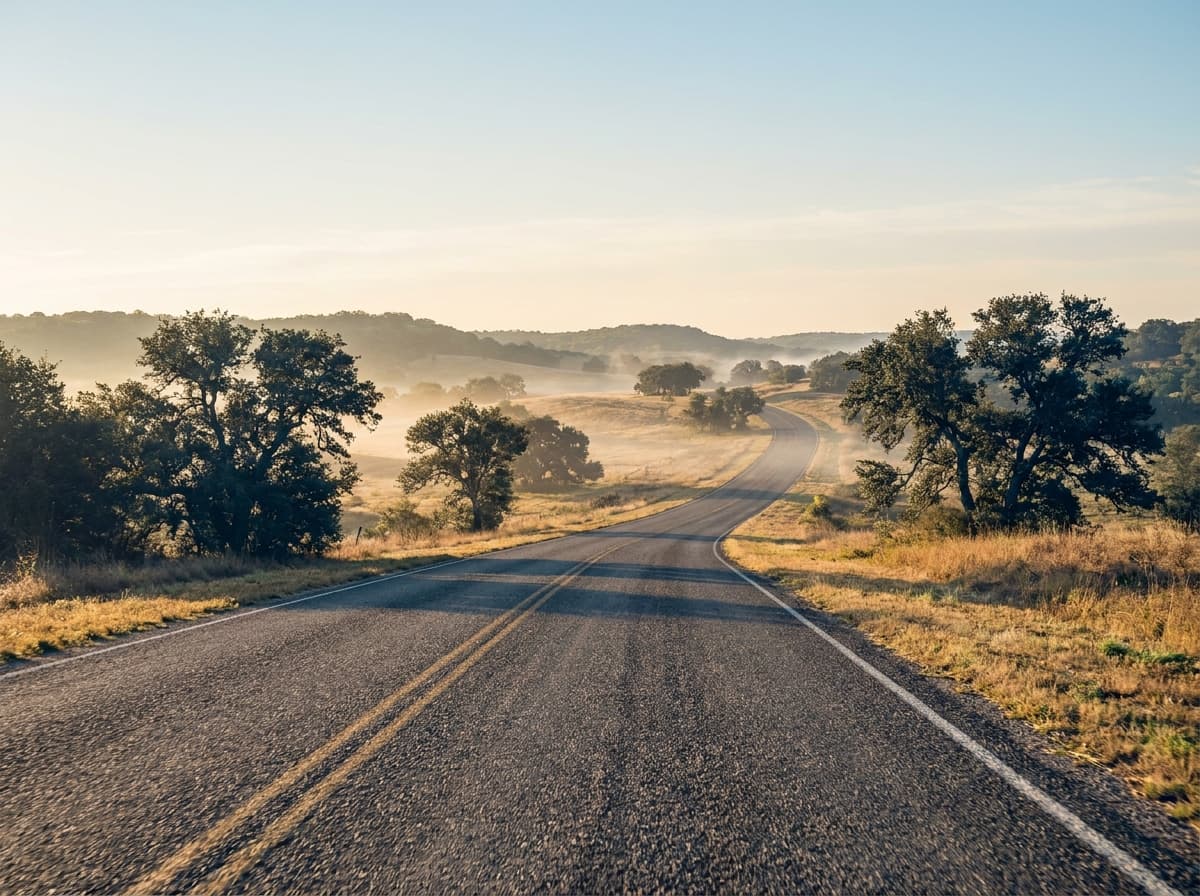 A quiet Texas hill-country road at sunrise, razor sharp all the way to the horizon