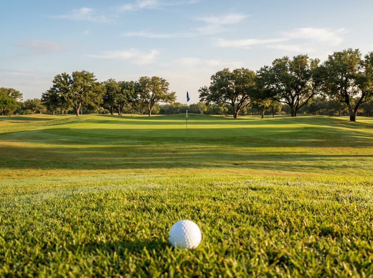 A golf ball in the near foreground and the flag far down the fairway, both in sharp focus